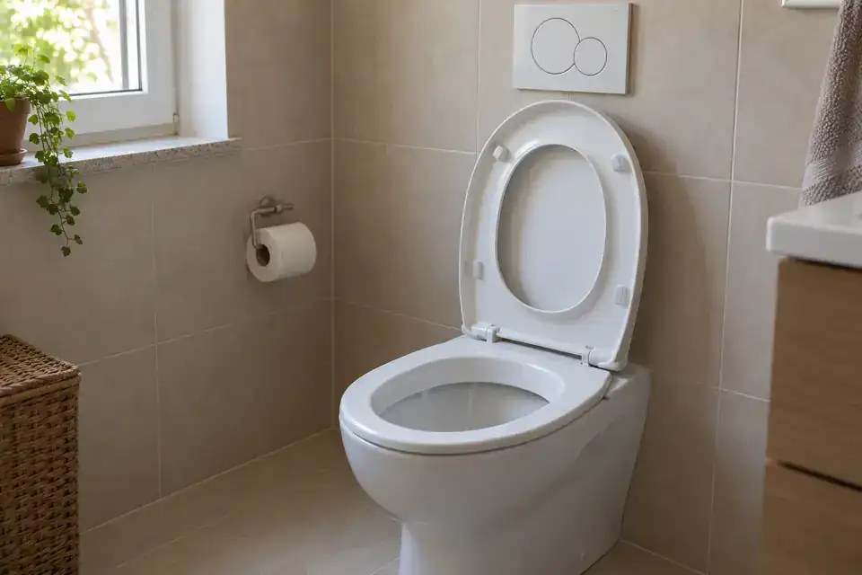 Bagno con WC e placca a doppio comando, con acqua che scende nel vaso