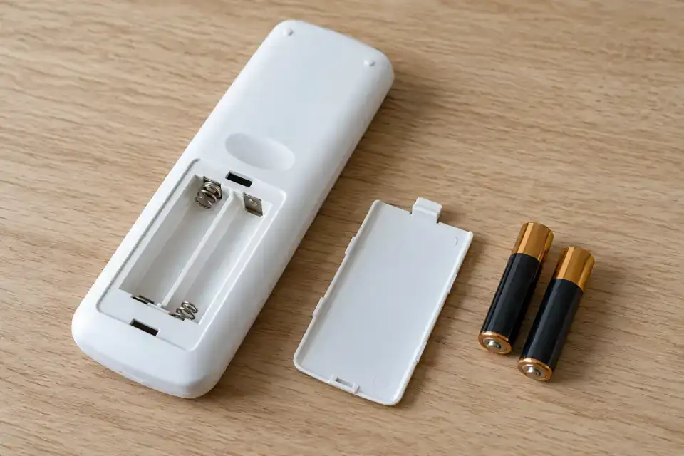 Telecomando con vano batterie aperto e due batterie appoggiate sul tavolo
