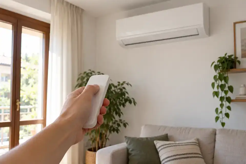Telecomando rivolto verso un climatizzatore a parete in un soggiorno
