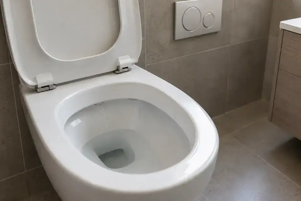Dettaglio del vaso WC con un piccolo flusso d’acqua sulla ceramica interna