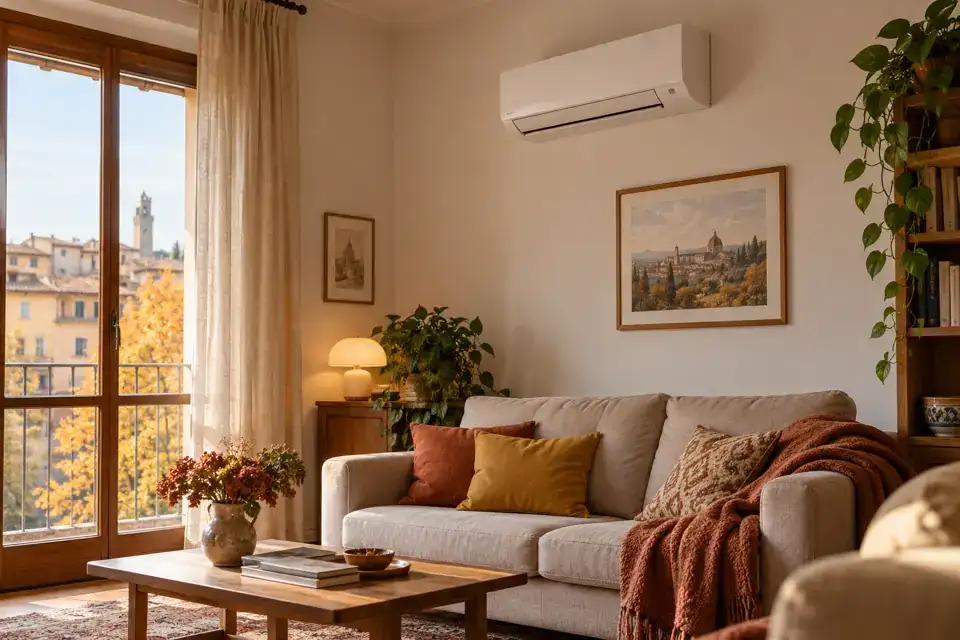 Soggiorno con climatizzatore a parete durante la stagione autunnale