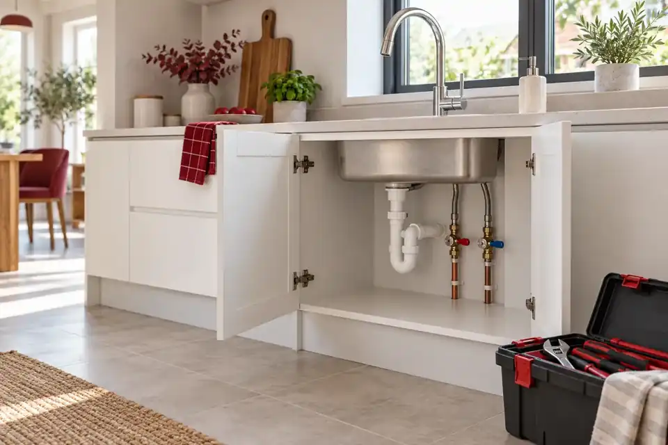 Rubinetto da cucina e mobile sottolavello in un ambiente domestico
