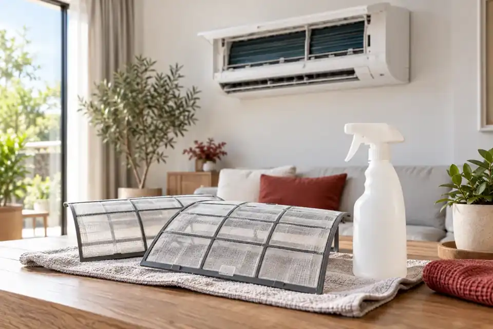 Pulizia di un climatizzatore domestico, immagine illustrativa