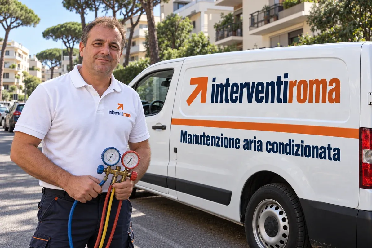 Tecnico della climatizzazione con manometri accanto al furgone Interventi Roma; immagine illustrativa
