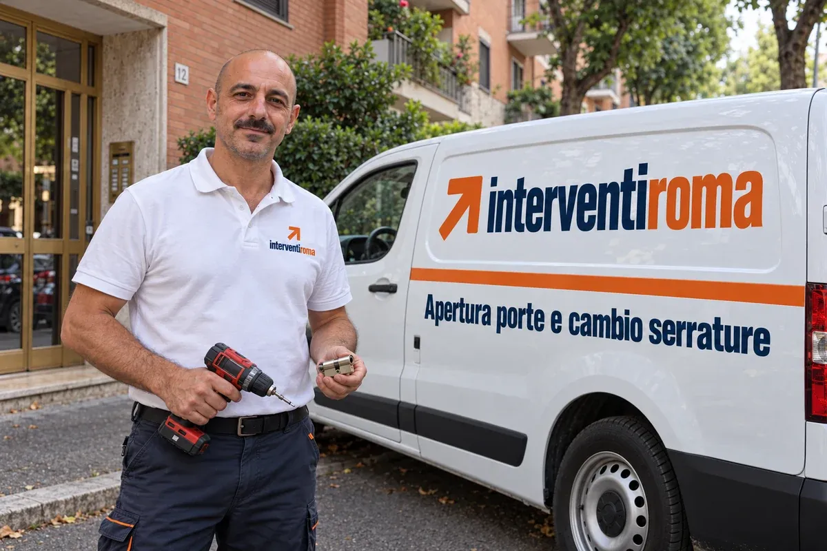 Fabbro con attrezzi accanto al furgone Interventi Roma per porte e serrature; immagine illustrativa