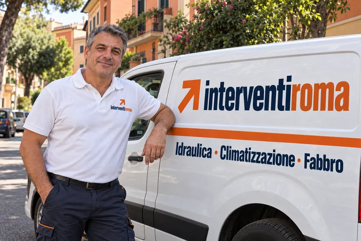 Artigiano accanto al furgone Interventi Roma per idraulica, climatizzazione e fabbro; immagine illustrativa