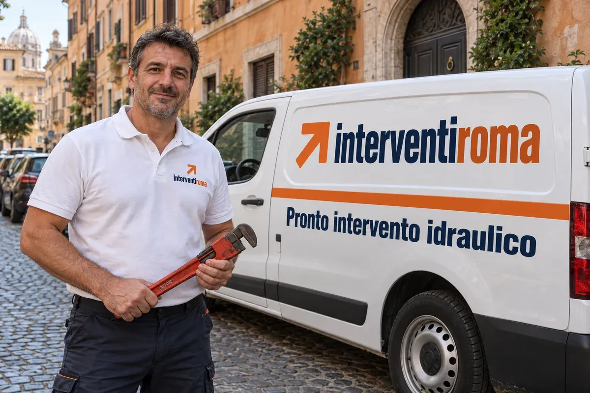 Idraulico con una chiave giratubi accanto al furgone Interventi Roma; immagine illustrativa