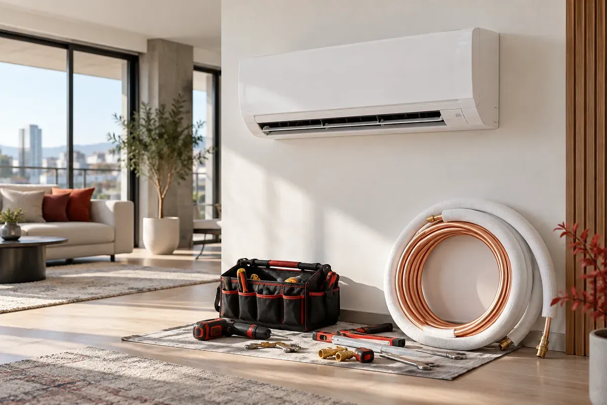 Climatizzatore a parete con tubazioni e attrezzi per l’installazione; immagine illustrativa
