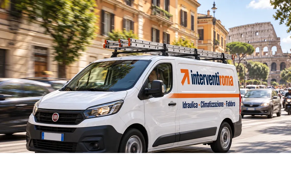 Furgone Interventi Roma con scala sul portapacchi nel traffico di Roma; immagine illustrativa del pronto intervento idraulico