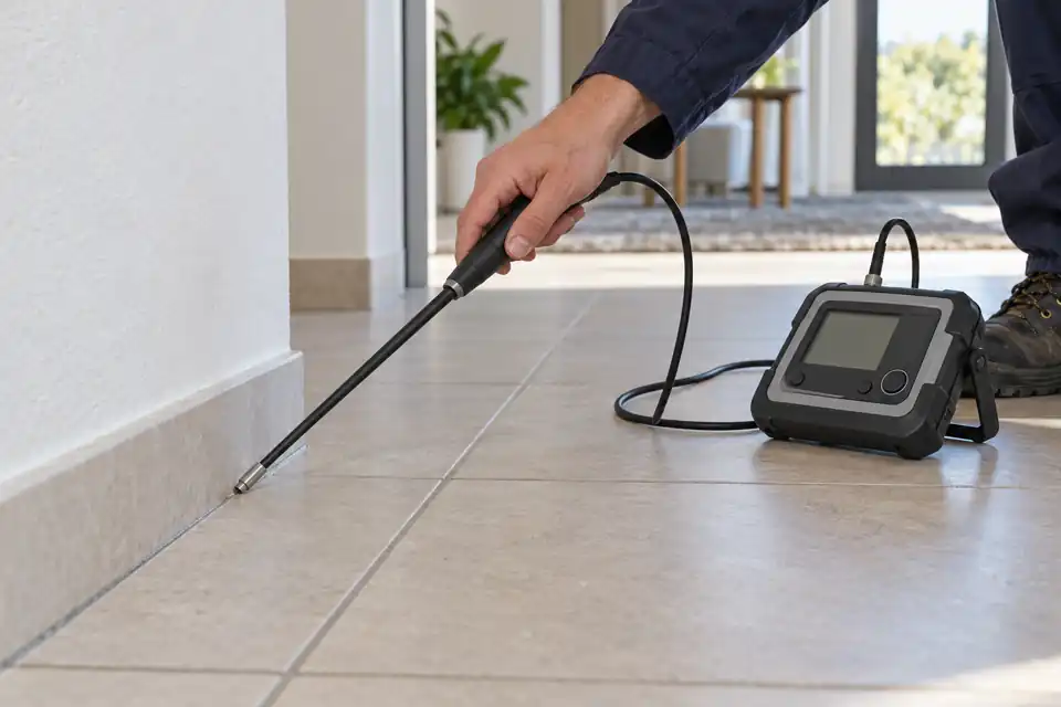 Rilevatore professionale illustrativo di gas tracciante con sonda vicino a un pavimento