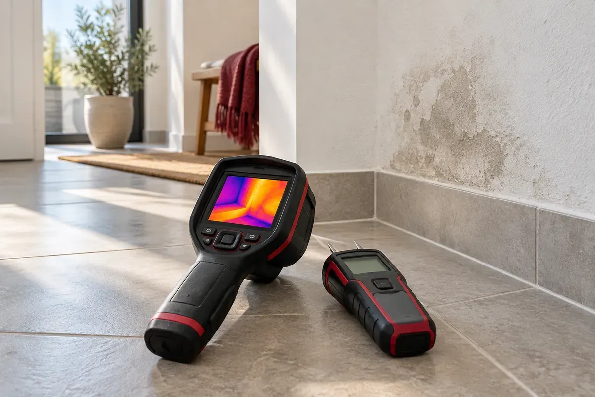 Termocamera e strumento di rilevazione davanti a una parete con tracce di umidità; immagine illustrativa