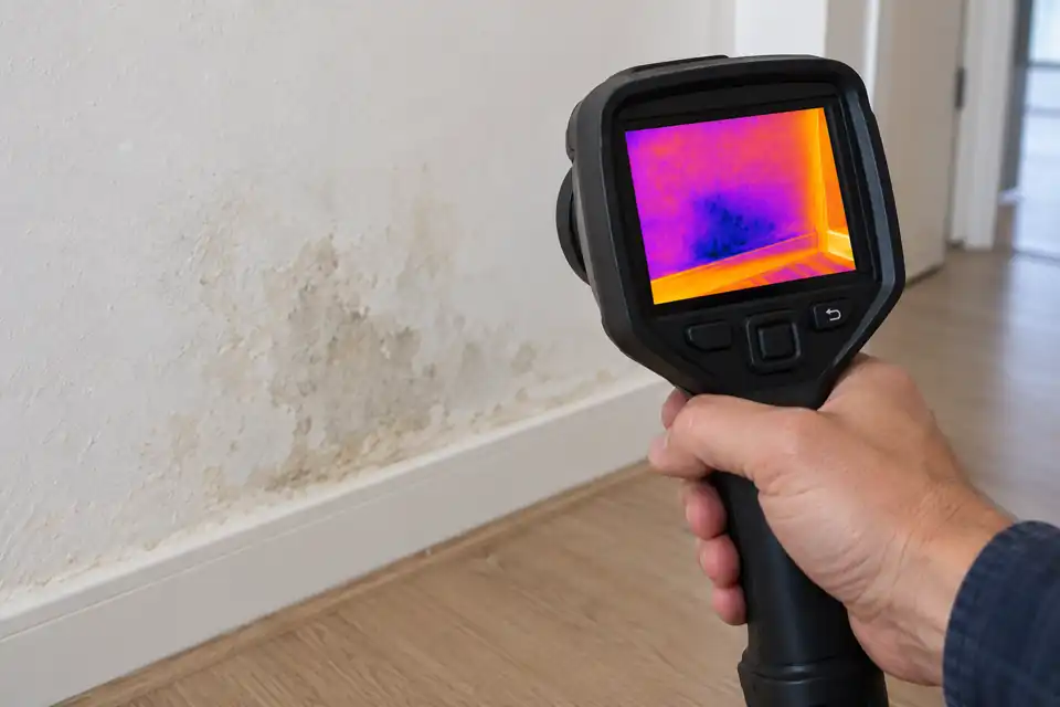 Termocamera portatile che mostra differenze di temperatura sulla superficie di una parete